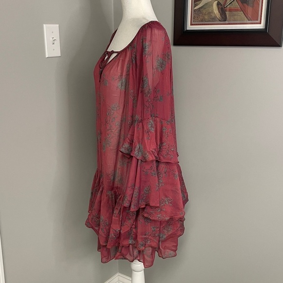 Free People Sunsette Boho Flowy Ruffle dress size Small Red Floral Sheer - Picture 2 of 4
